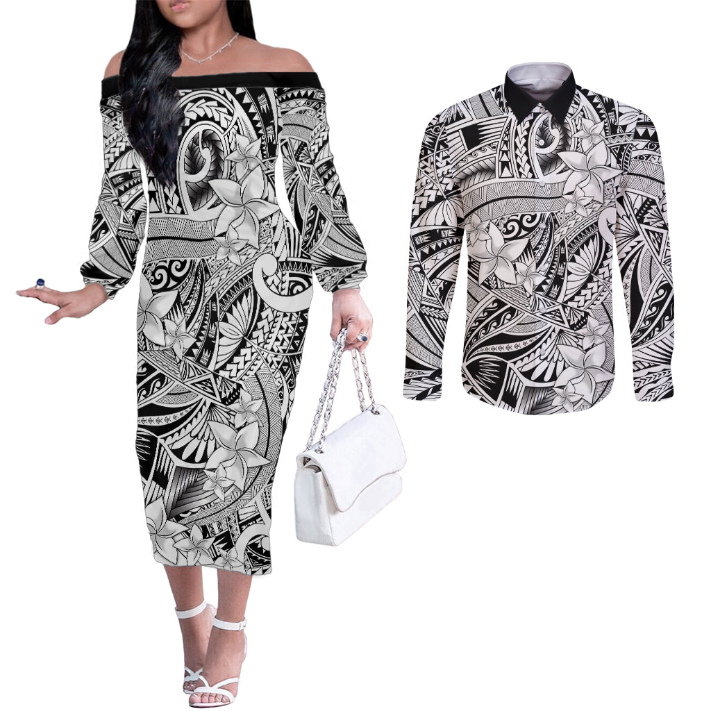 Polynesia Couples Matching Off The Shoulder Long Sleeve Dress and Long Sleeve Button Shirt Tribal Polynesian Spirit With White Pacific Flowers LT9 White - Polynesian Pride