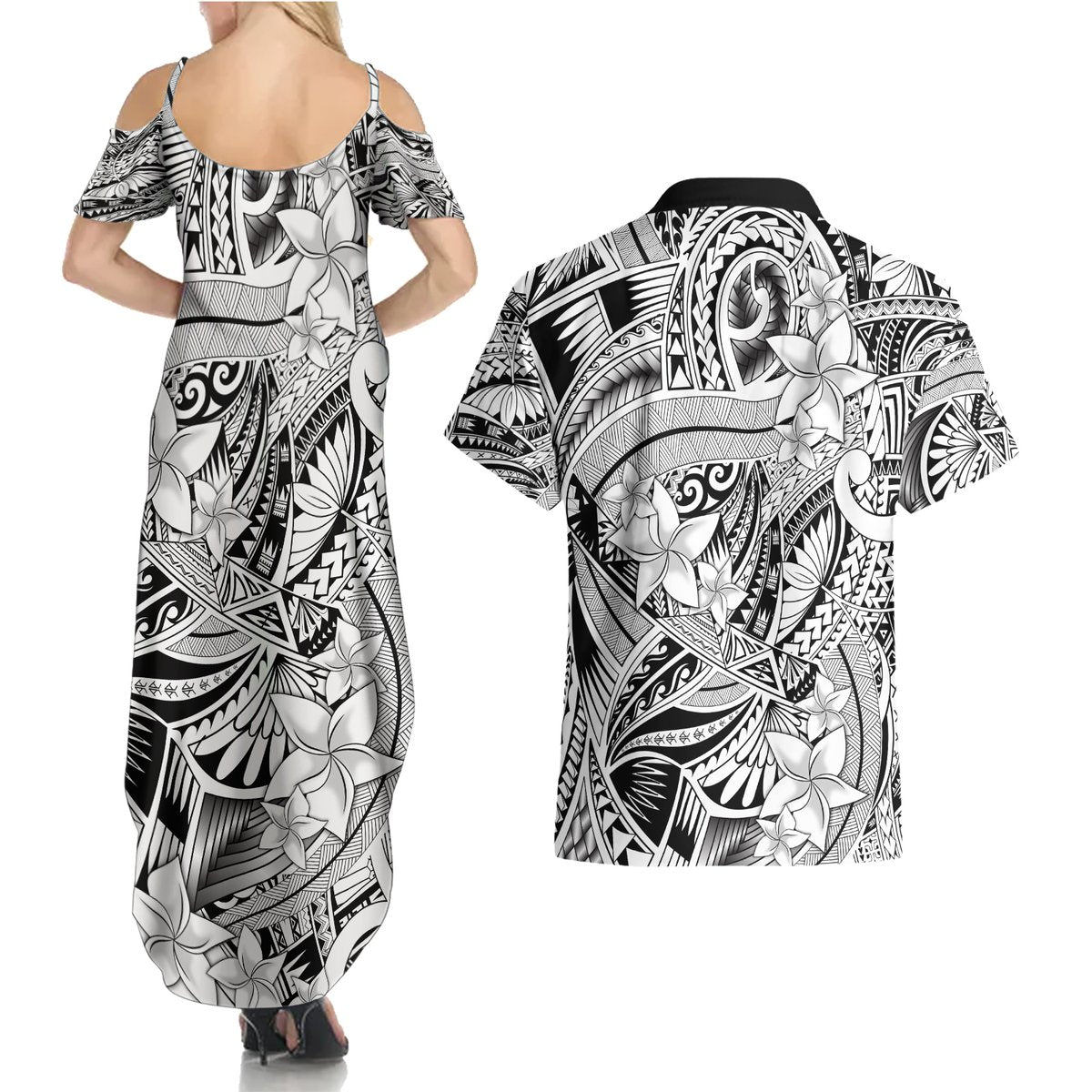 Polynesia Couples Matching Summer Maxi Dress and Hawaiian Shirt Tribal Polynesian Spirit With White Pacific Flowers LT9 - Polynesian Pride