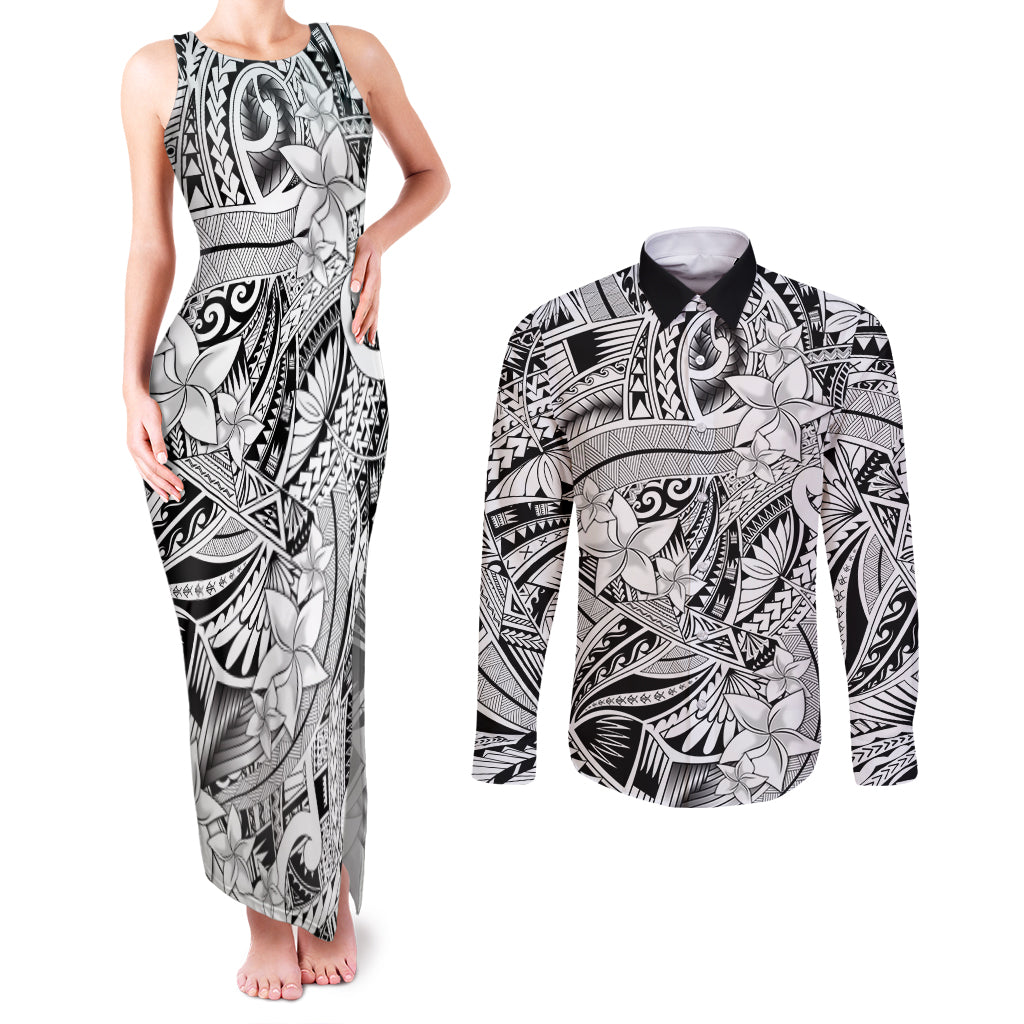Polynesia Couples Matching Tank Maxi Dress and Long Sleeve Button Shirt Tribal Polynesian Spirit With White Pacific Flowers LT9 White - Polynesian Pride