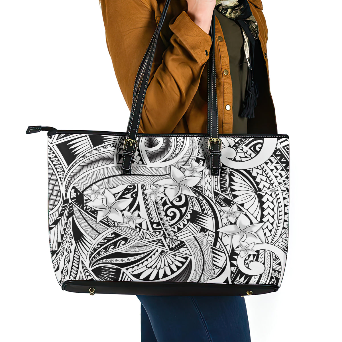 Polynesia Leather Tote Bag Tribal Polynesian Spirit With White Pacific Flowers LT9 - Polynesian Pride