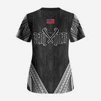 Black Samoa Tribal Chest Tattoo Scrub Top LT9 - Polynesian Pride