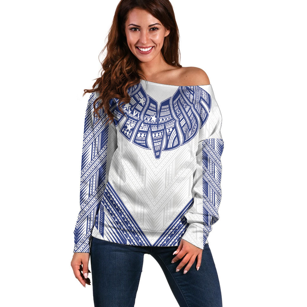 White Samoa Tribal Chest Tattoo Off Shoulder Sweater LT9 Women White - Polynesian Pride
