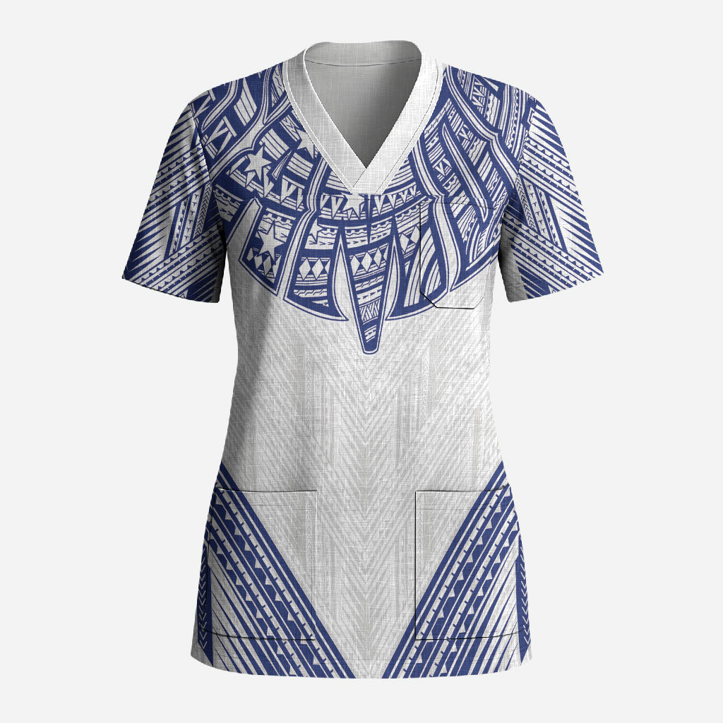 White Samoa Tribal Chest Tattoo Scrub Top LT9 Adult White - Polynesian Pride
