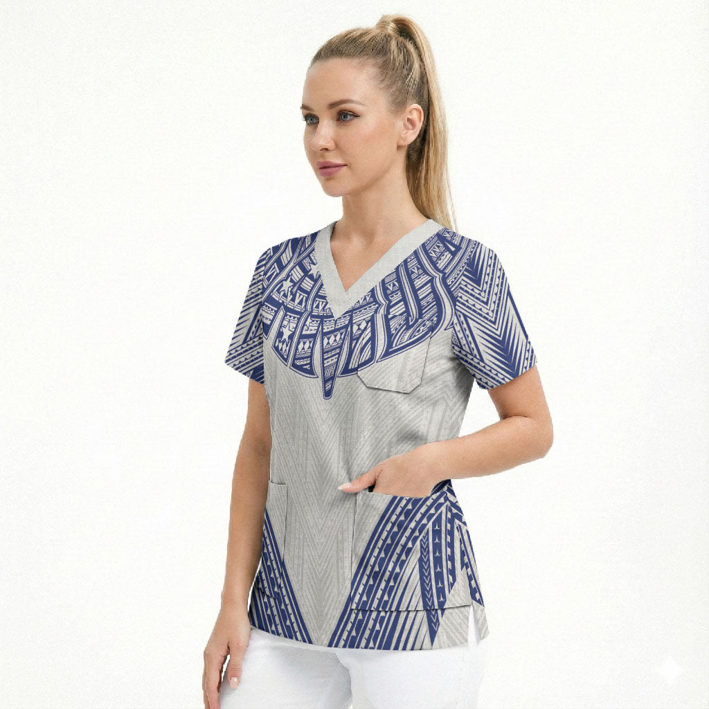 White Samoa Tribal Chest Tattoo Scrub Top LT9 - Polynesian Pride