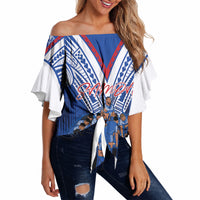 Toa Samoa Siva Tau Off Shoulder Wrap Waist Top Royal Blue Chevron Geometric Heritage LT9 Blue - Polynesian Pride