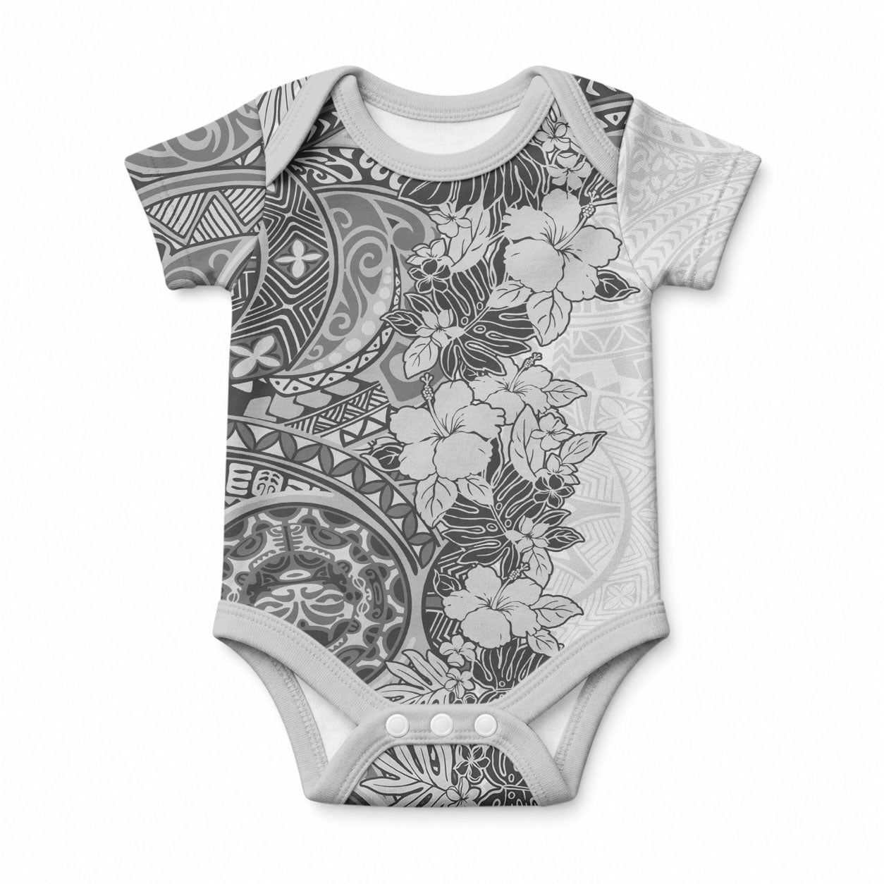 Polynesia Baby Onesie Hibiscus and Hawaiian Tribal Tattoo Retro Style Gray Color LT9 Gray - Polynesian Pride