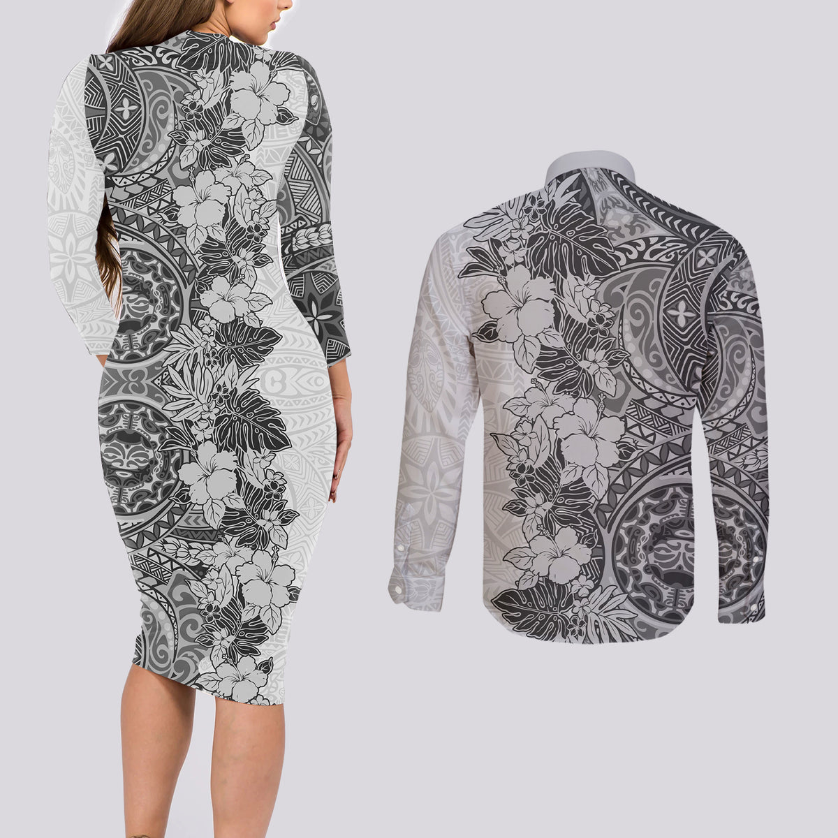 Polynesia Couples Matching Long Sleeve Bodycon Dress and Long Sleeve Button Shirt Hibiscus and Hawaiian Tribal Tattoo Retro Style Gray Color LT9 - Polynesian Pride