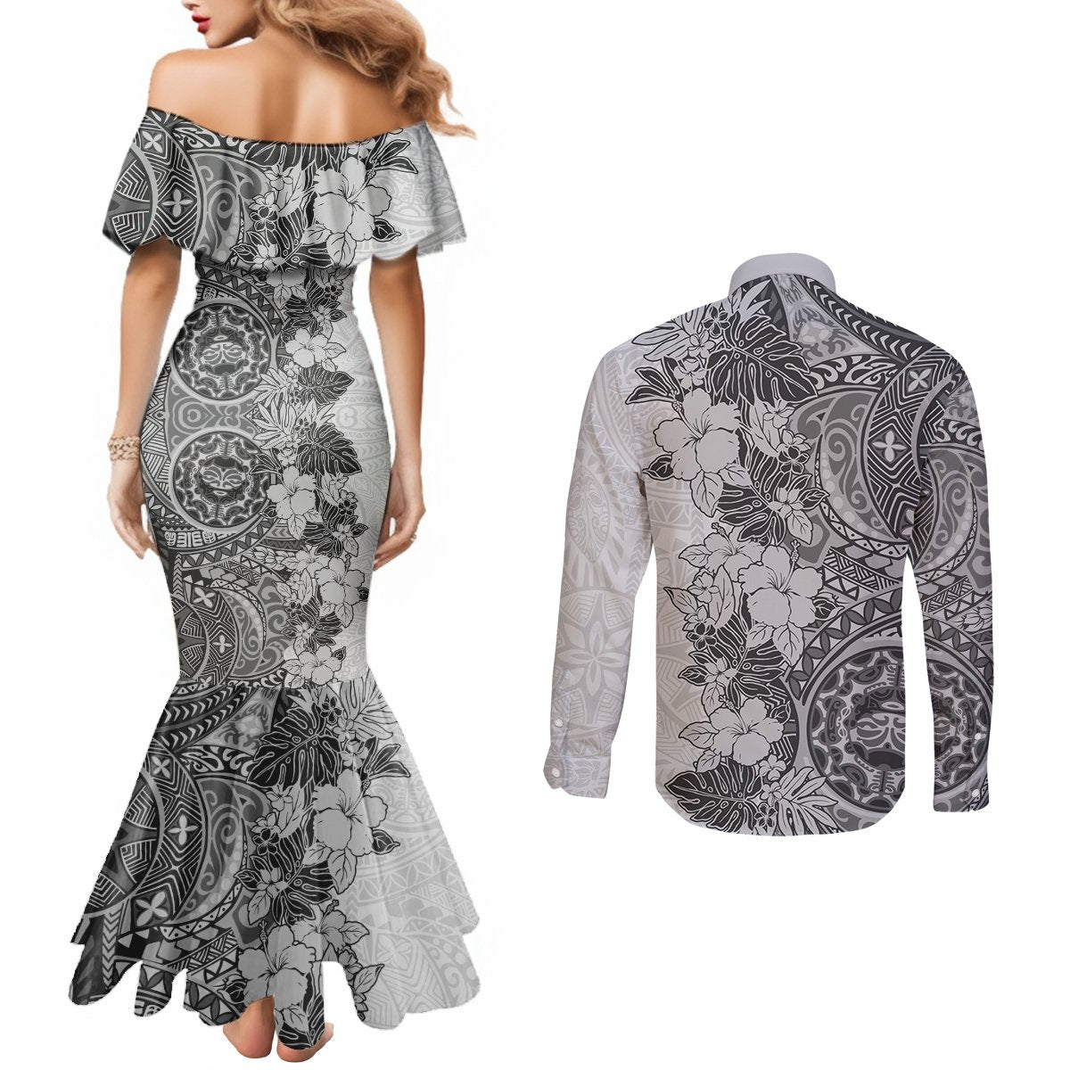 Polynesia Couples Matching Mermaid Dress and Long Sleeve Button Shirt Hibiscus and Hawaiian Tribal Tattoo Retro Style Gray Color LT9 - Polynesian Pride