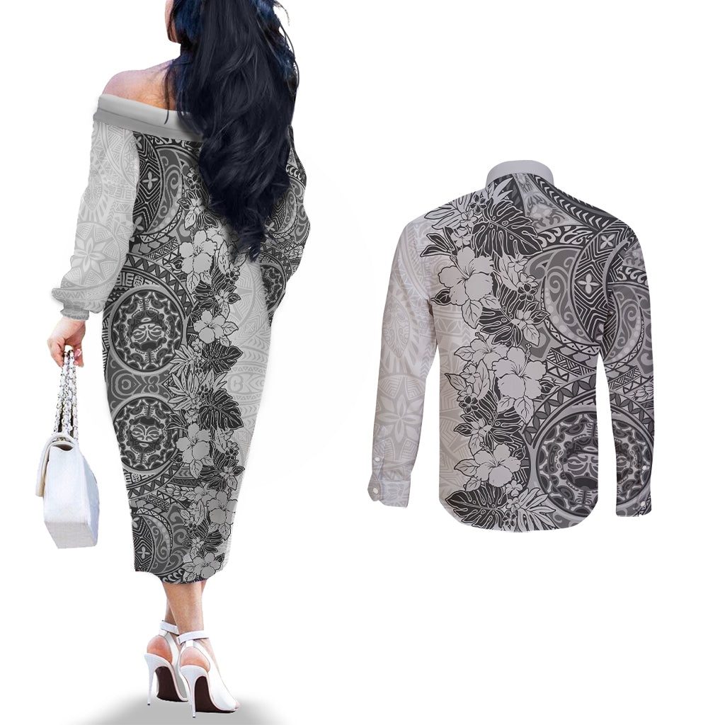 Polynesia Couples Matching Off The Shoulder Long Sleeve Dress and Long Sleeve Button Shirt Hibiscus and Hawaiian Tribal Tattoo Retro Style Gray Color LT9 - Polynesian Pride