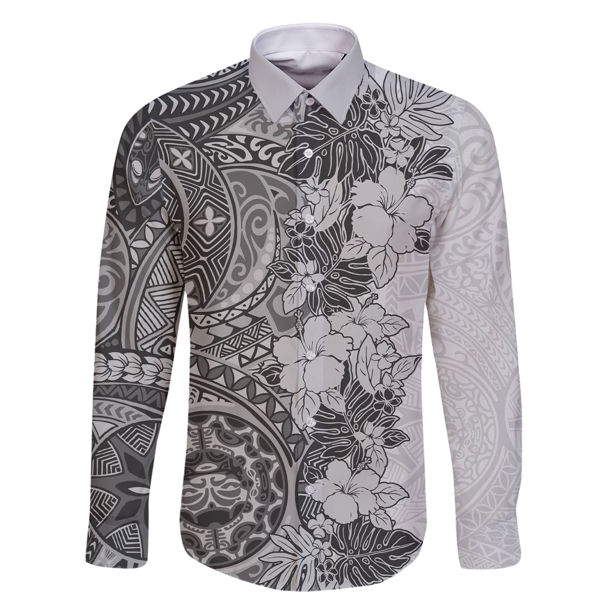 Polynesia Family Matching Off Shoulder Maxi Dress and Hawaiian Shirt Hibiscus and Hawaiian Tribal Tattoo Retro Style Gray Color LT9 Dad's Shirt - Long Sleeve Gray - Polynesian Pride