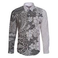 Polynesia Family Matching Off Shoulder Short Dress and Hawaiian Shirt Hibiscus and Hawaiian Tribal Tattoo Retro Style Gray Color LT9 Dad's Shirt - Long Sleeve Gray - Polynesian Pride