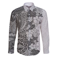 Polynesia Family Matching Short Sleeve Bodycon Dress and Hawaiian Shirt Hibiscus and Hawaiian Tribal Tattoo Retro Style Gray Color LT9 Dad's Shirt - Long Sleeve Gray - Polynesian Pride
