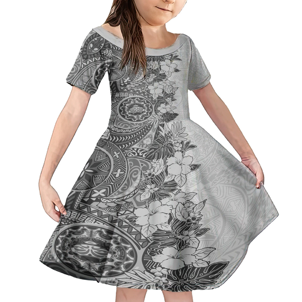 Polynesia Family Matching Tank Maxi Dress and Hawaiian Shirt Hibiscus and Hawaiian Tribal Tattoo Retro Style Gray Color LT9 Daughter's Dress Gray - Polynesian Pride
