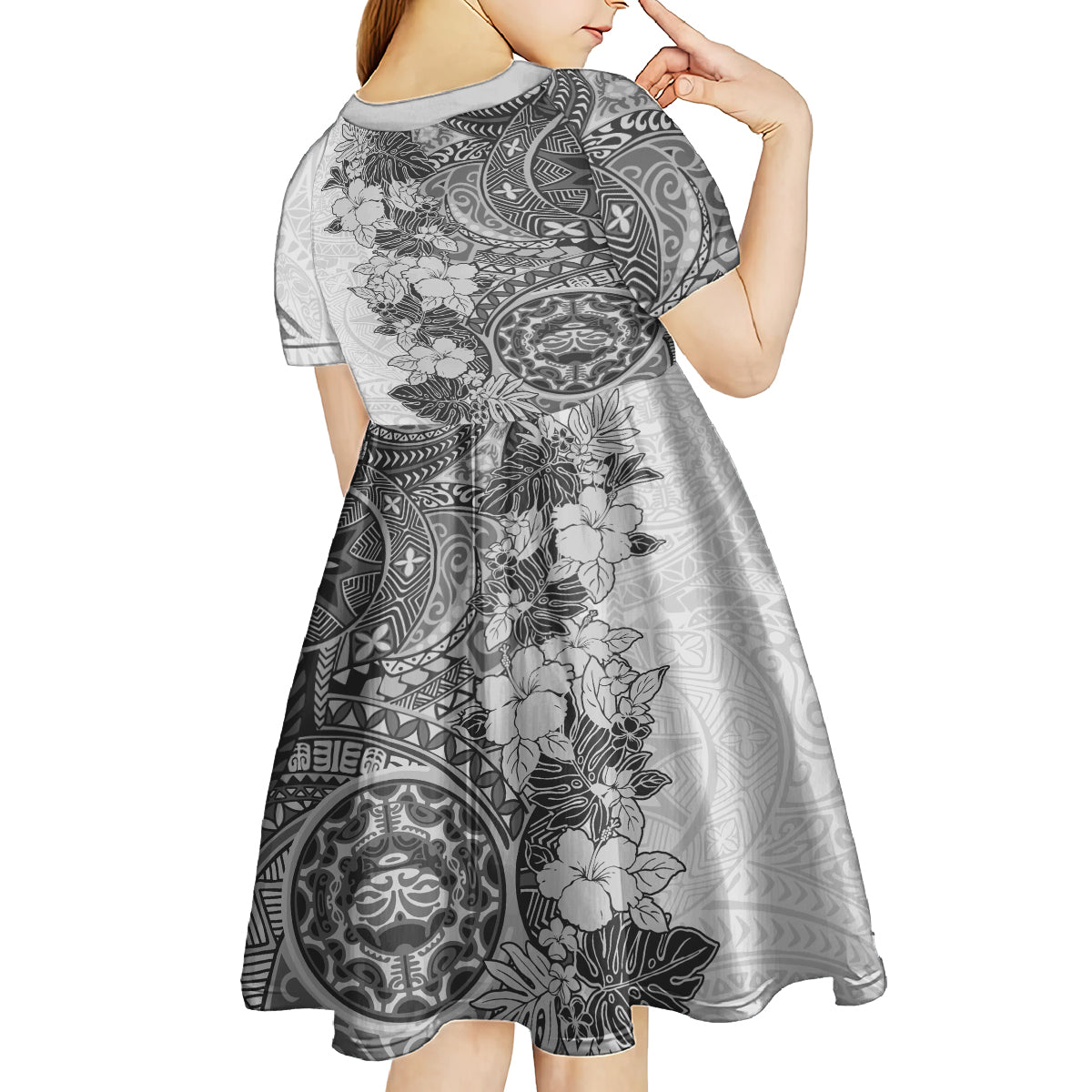 Polynesia Kid Short Sleeve Dress Hibiscus and Hawaiian Tribal Tattoo Retro Style Gray Color LT9 - Polynesian Pride