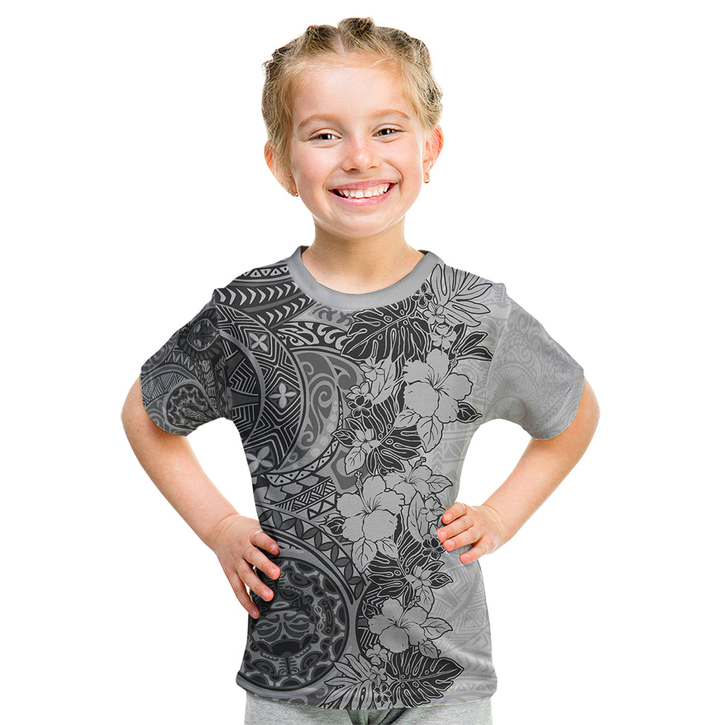 Polynesia Kid T Shirt Hibiscus and Hawaiian Tribal Tattoo Retro Style Gray Color LT9 Gray - Polynesian Pride