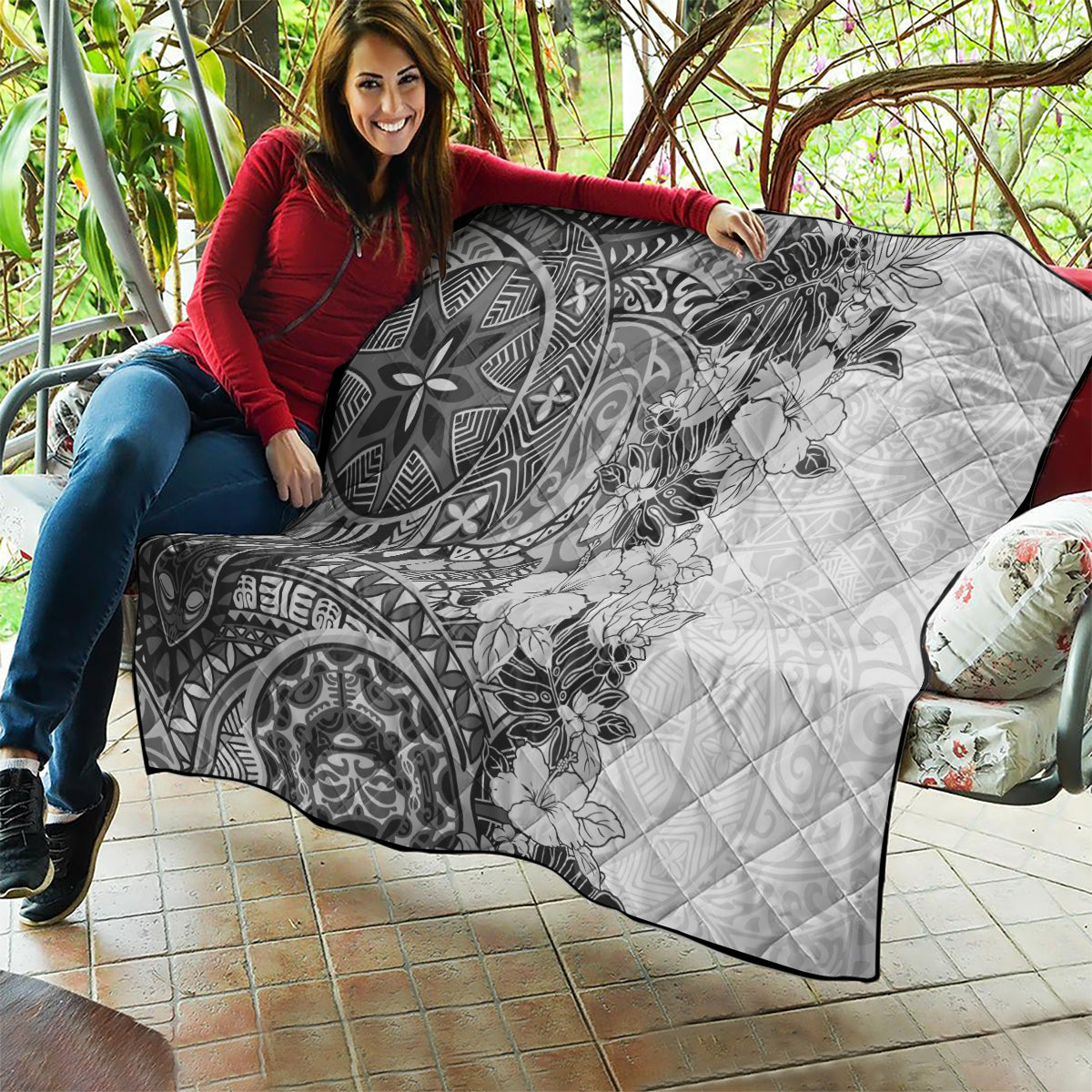 Polynesia Quilt Hibiscus and Hawaiian Tribal Tattoo Retro Style Gray Color LT9 - Polynesian Pride