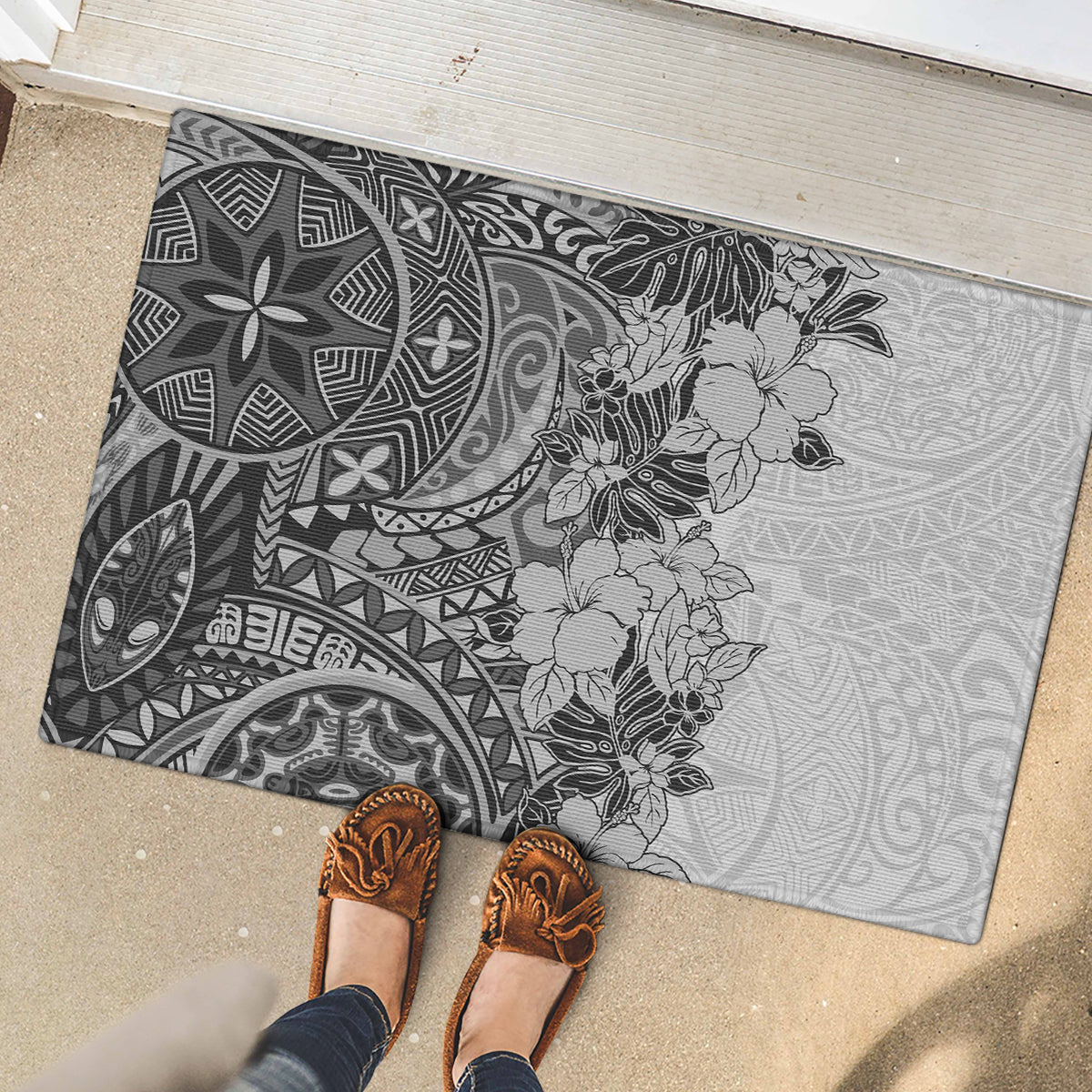 Polynesia Rubber Doormat Hibiscus and Hawaiian Tribal Tattoo Retro Style Gray Color LT9 - Polynesian Pride