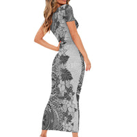Polynesia Short Sleeve Bodycon Dress Hibiscus and Hawaiian Tribal Tattoo Retro Style Gray Color LT9 - Polynesian Pride