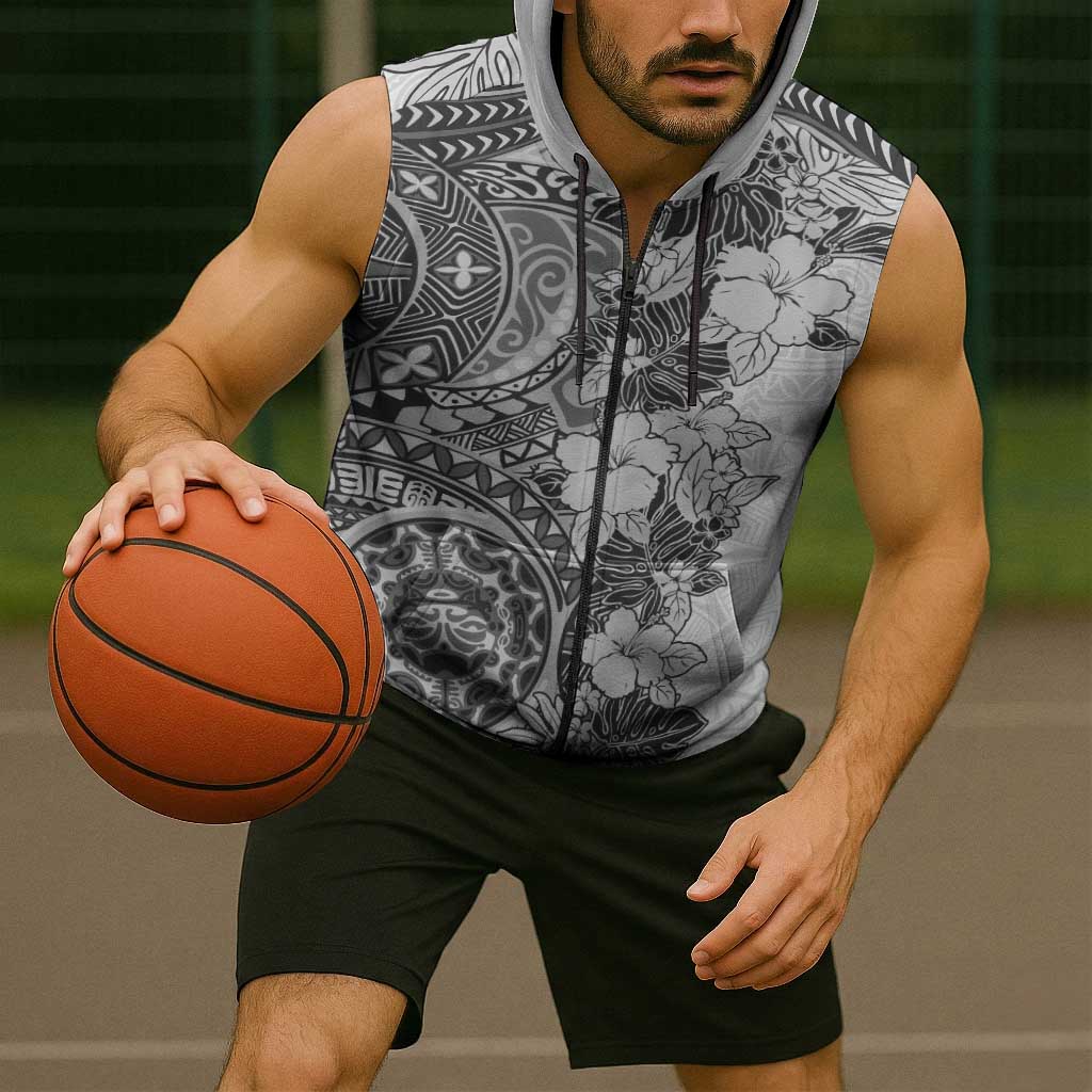 Polynesia Sleeveless Zip Hoodie Hibiscus Hawaiian Tribal Tattoo Retro Gray - Polynesian Pride