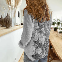 Polynesia Women Casual Shirt Hibiscus and Hawaiian Tribal Tattoo Retro Style Gray Color LT9 - Polynesian Pride