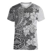Polynesia Women V Neck T Shirt Hibiscus and Hawaiian Tribal Tattoo Retro Style Gray Color LT9 Female Gray - Polynesian Pride