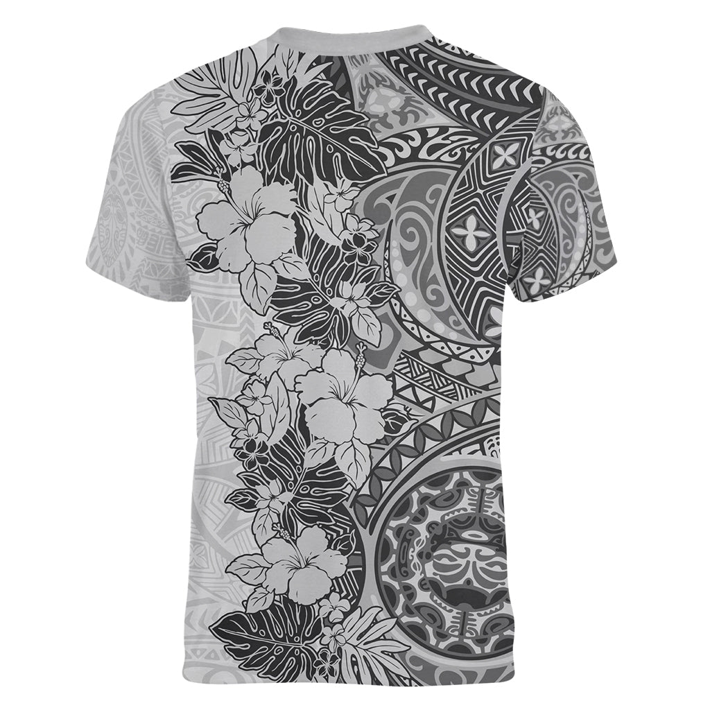 Polynesia Women V Neck T Shirt Hibiscus and Hawaiian Tribal Tattoo Retro Style Gray Color LT9 - Polynesian Pride