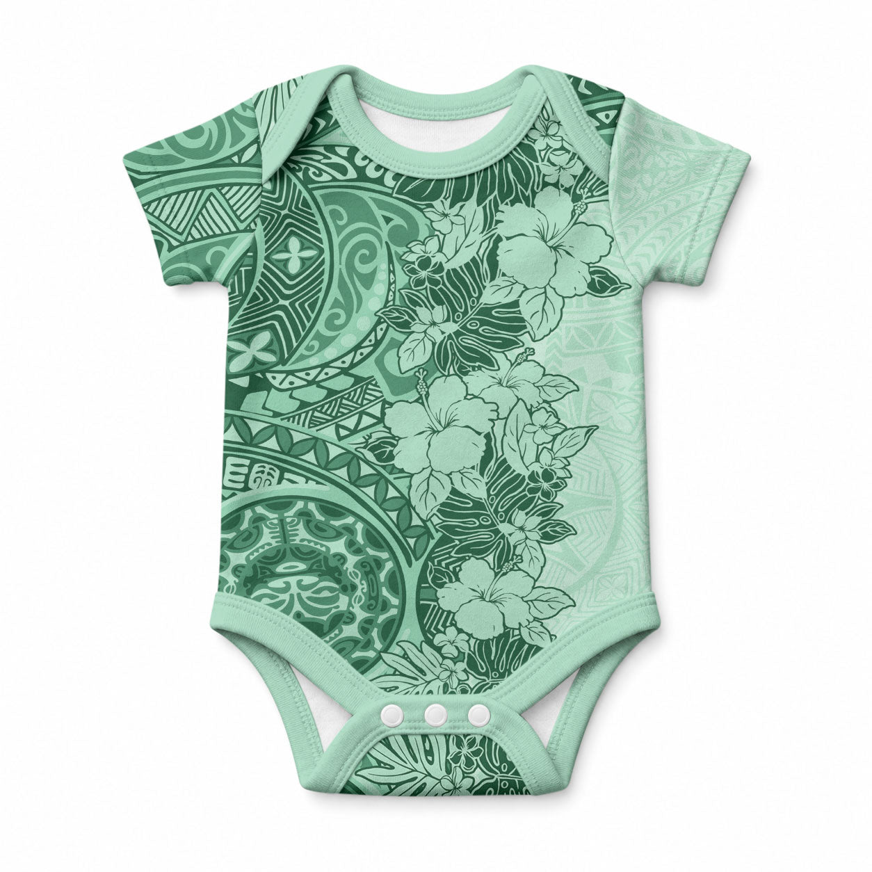 Polynesia Baby Onesie Hibiscus and Hawaiian Tribal Tattoo Retro Style Green Color LT9 Green - Polynesian Pride