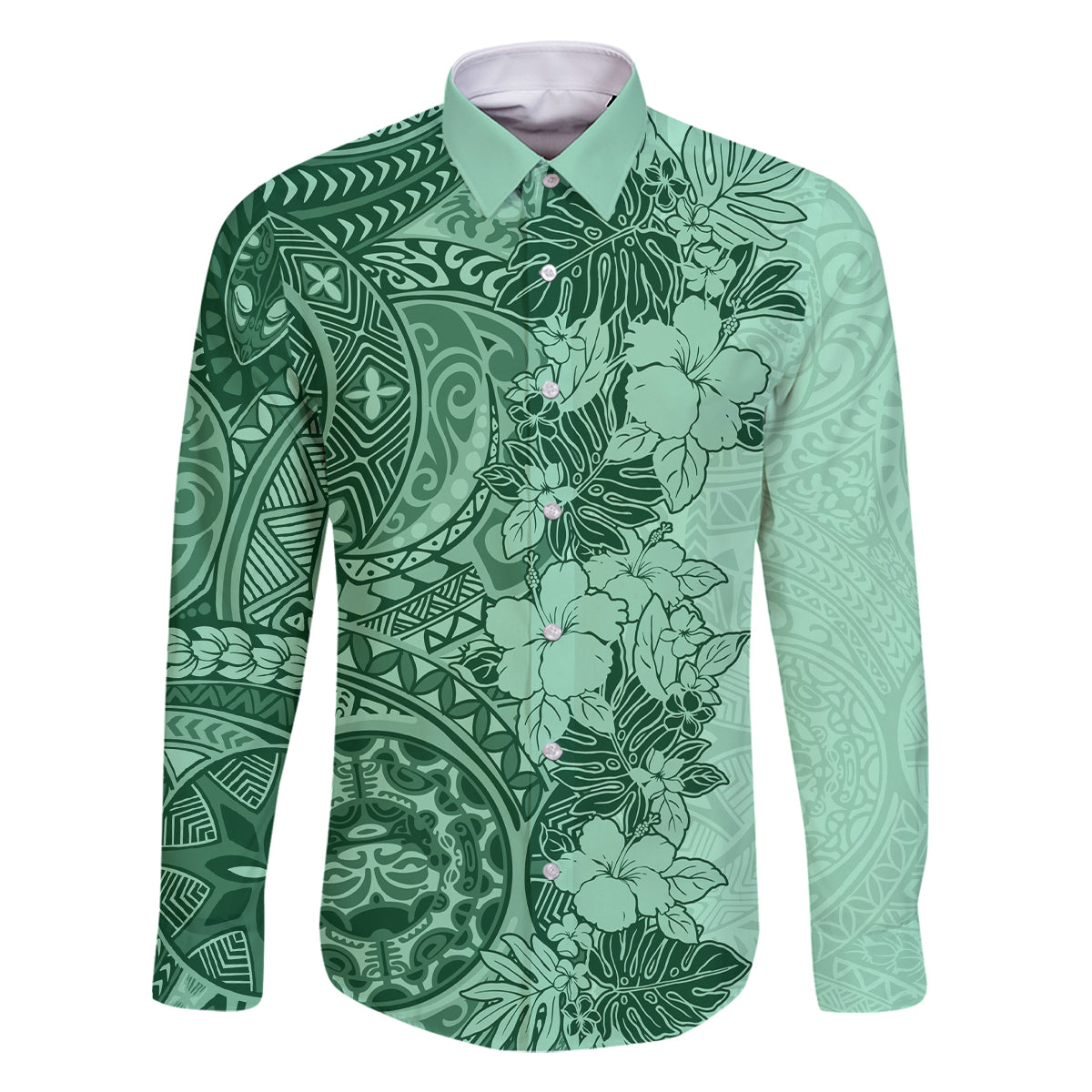 Polynesia Family Matching Mermaid Dress and Hawaiian Shirt Hibiscus and Hawaiian Tribal Tattoo Retro Style Green Color LT9 Dad's Shirt - Long Sleeve Green - Polynesian Pride