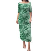 Polynesia Family Matching Puletasi Dress and Hawaiian Shirt Hibiscus and Hawaiian Tribal Tattoo Retro Style Green Color LT9 Mom's Dress Green - Polynesian Pride