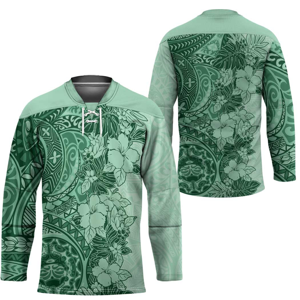 Polynesia Hockey Jersey Hibiscus Hawaiian Tribal Tattoo Retro Green - Polynesian Pride
