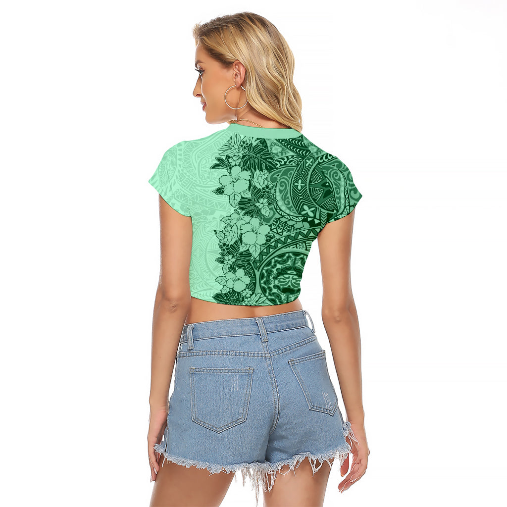 Polynesia Raglan Cropped T Shirt Hibiscus and Hawaiian Tribal Tattoo Retro Style Green Color LT9 - Polynesian Pride