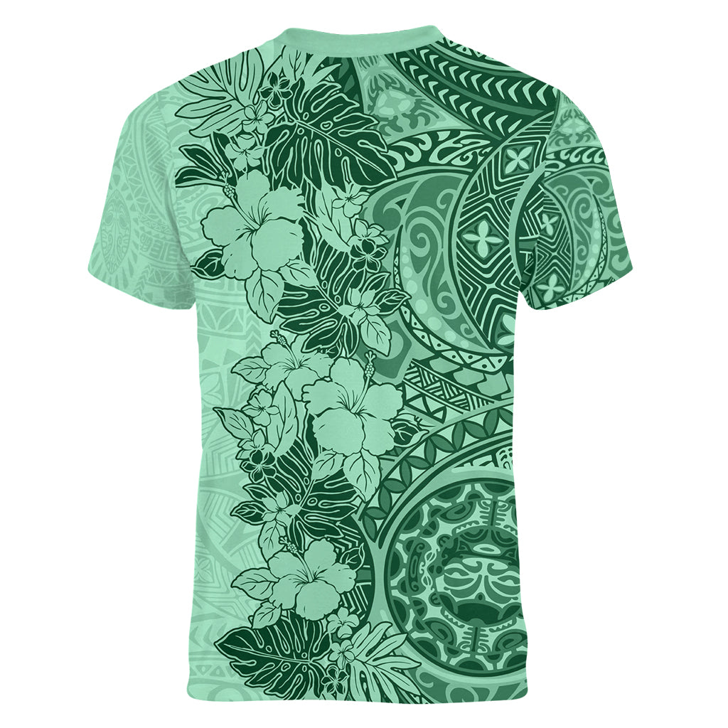 Polynesia Women V Neck T Shirt Hibiscus and Hawaiian Tribal Tattoo Retro Style Green Color LT9 - Polynesian Pride