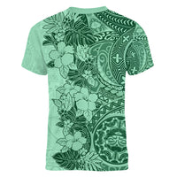 Polynesia Women V Neck T Shirt Hibiscus and Hawaiian Tribal Tattoo Retro Style Green Color LT9 - Polynesian Pride