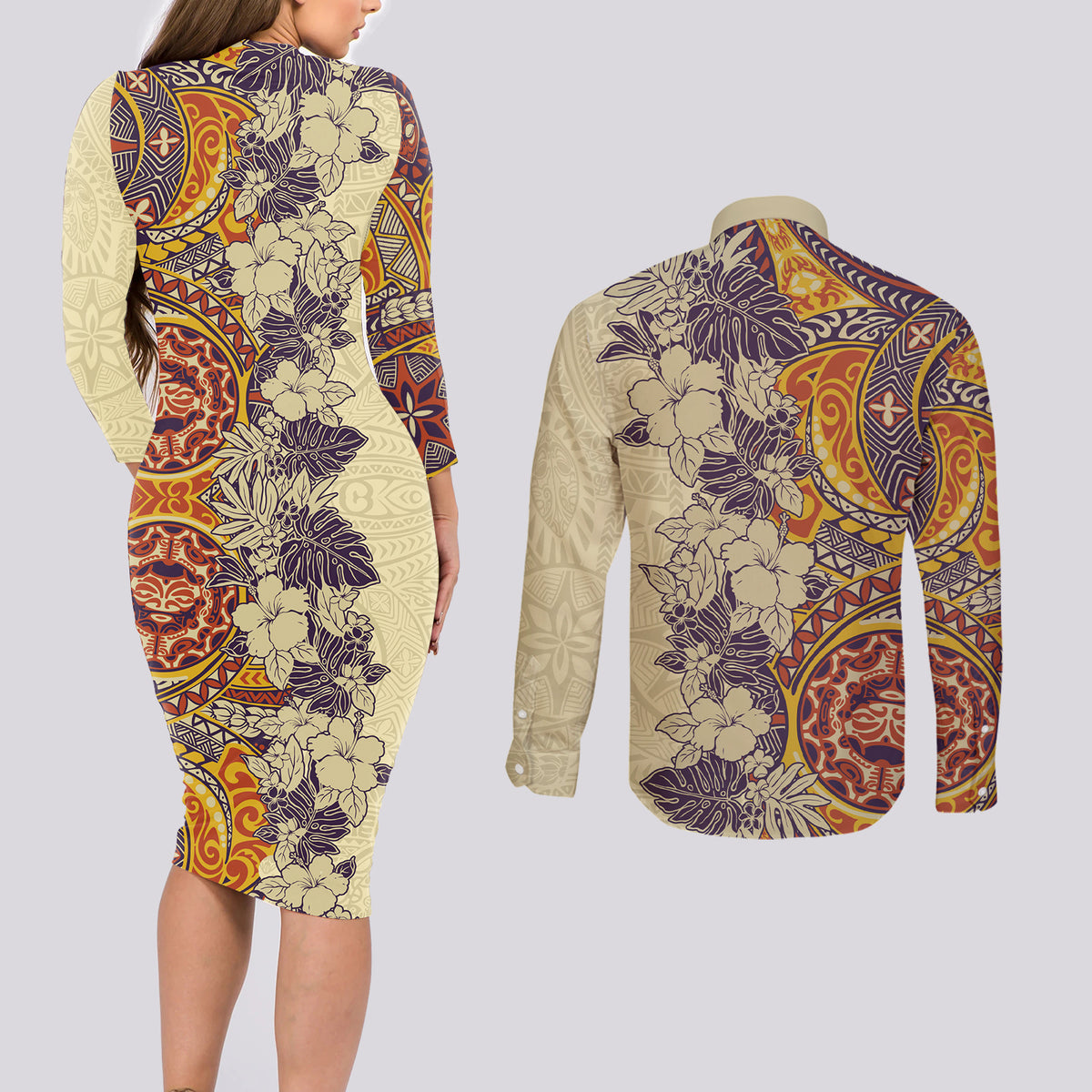 Polynesia Couples Matching Long Sleeve Bodycon Dress and Long Sleeve Button Shirt Hibiscus and Hawaiian Tribal Tattoo Retro Style Tan Color LT9 - Polynesian Pride