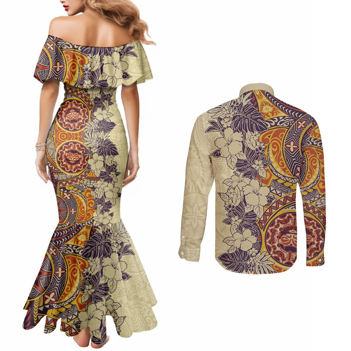 Polynesia Couples Matching Mermaid Dress and Long Sleeve Button Shirt Hibiscus and Hawaiian Tribal Tattoo Retro Style Tan Color LT9 - Polynesian Pride