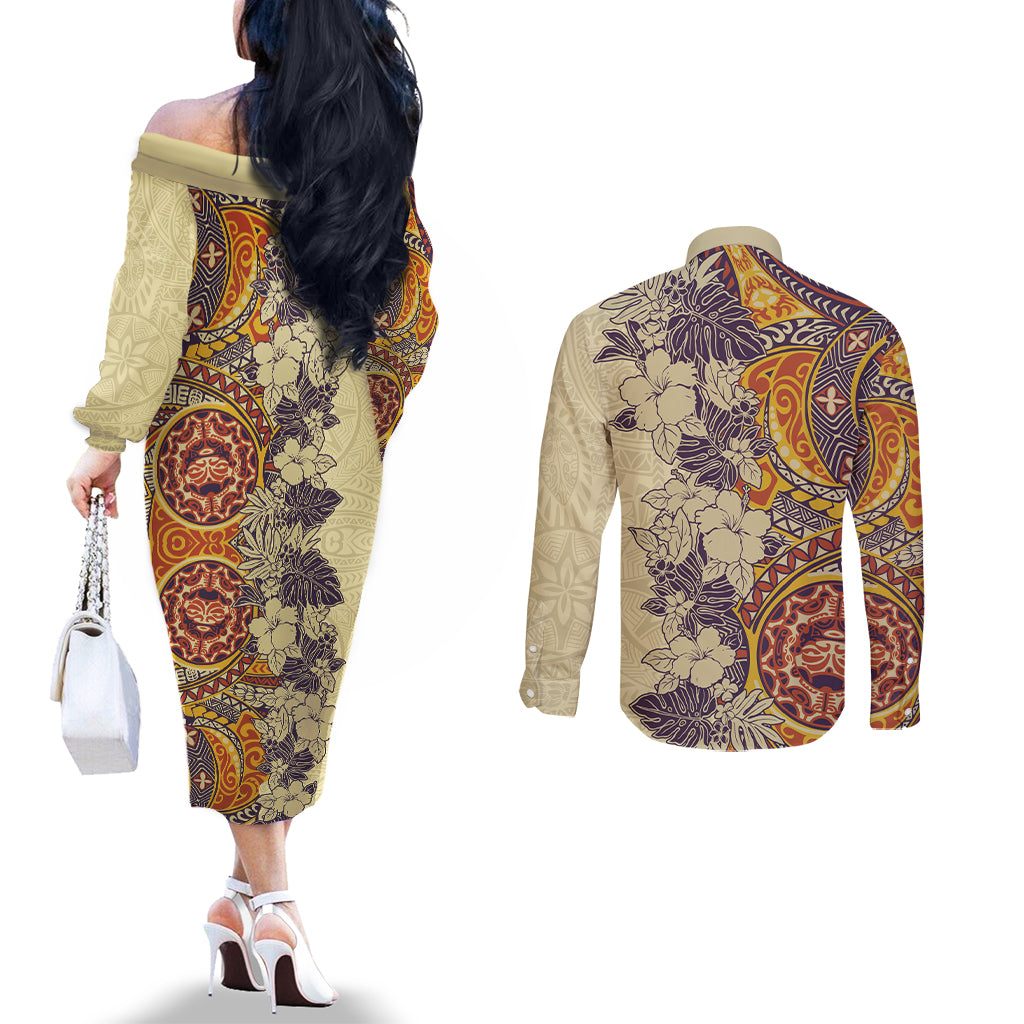 Polynesia Couples Matching Off The Shoulder Long Sleeve Dress and Long Sleeve Button Shirt Hibiscus and Hawaiian Tribal Tattoo Retro Style Tan Color LT9 - Polynesian Pride