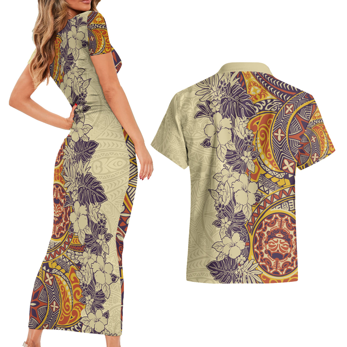Polynesia Couples Matching Short Sleeve Bodycon Dress and Hawaiian Shirt Hibiscus and Hawaiian Tribal Tattoo Retro Style Tan Color LT9 - Polynesian Pride