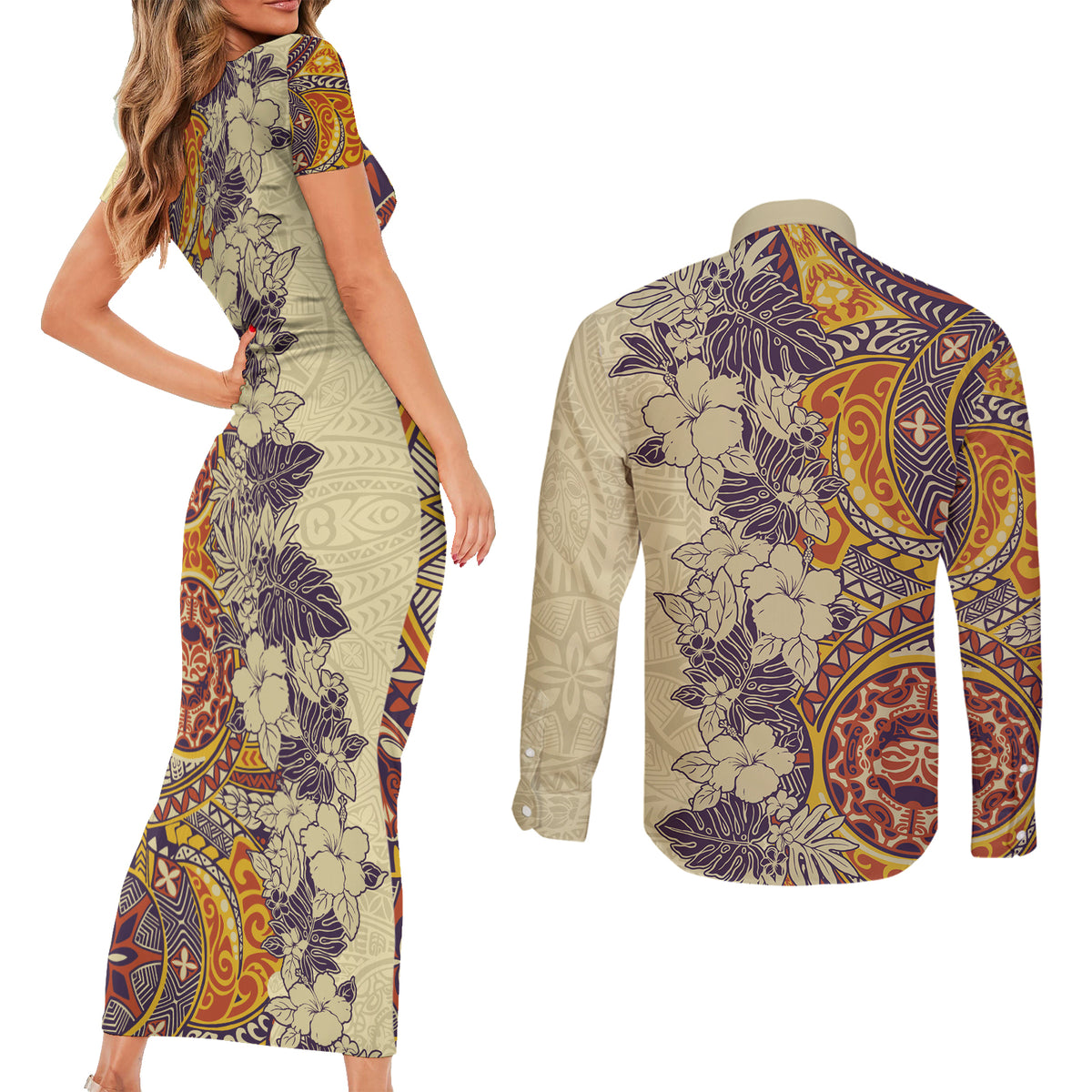 Polynesia Couples Matching Short Sleeve Bodycon Dress and Long Sleeve Button Shirt Hibiscus and Hawaiian Tribal Tattoo Retro Style Tan Color LT9 - Polynesian Pride