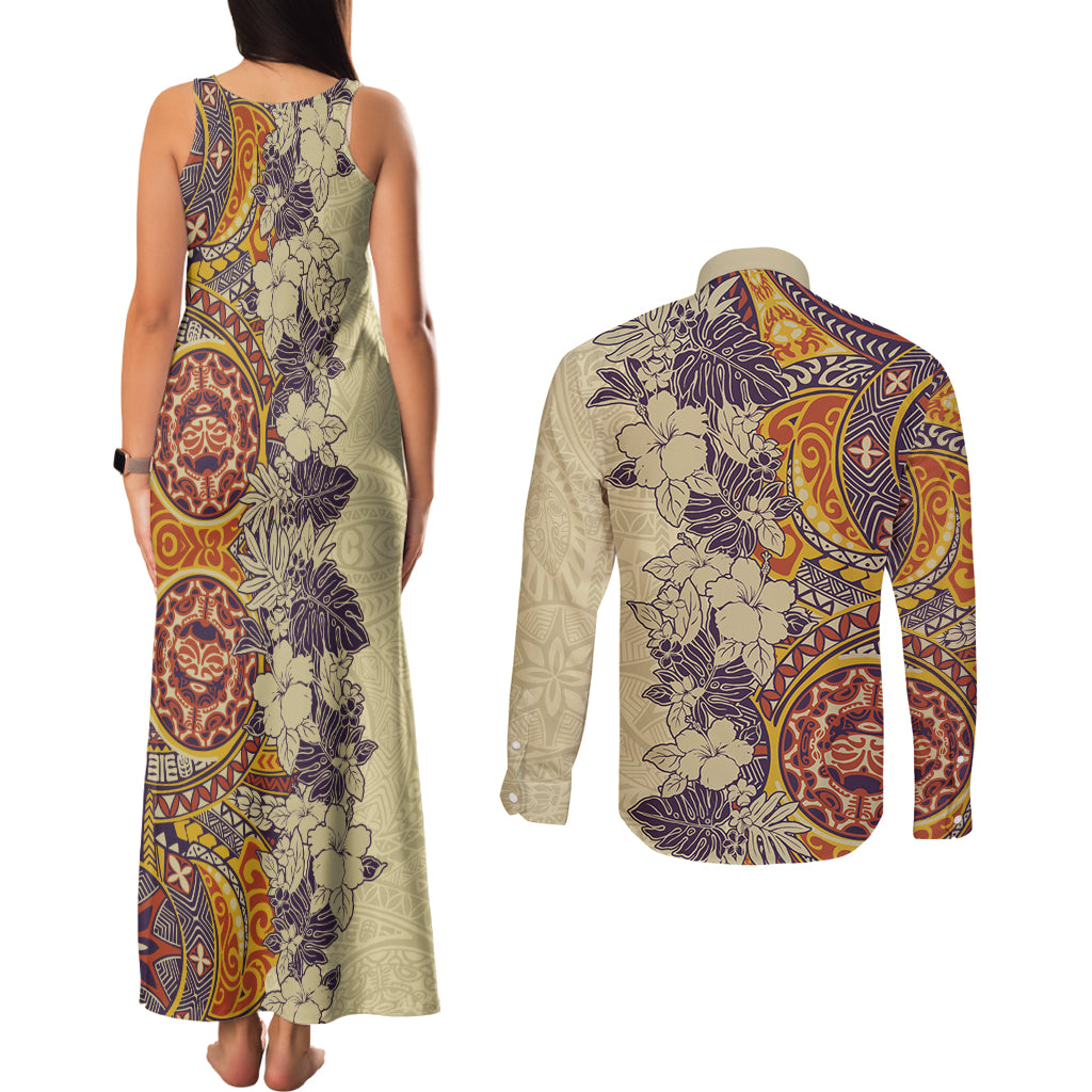 Polynesia Couples Matching Tank Maxi Dress and Long Sleeve Button Shirt Hibiscus and Hawaiian Tribal Tattoo Retro Style Tan Color LT9 - Polynesian Pride