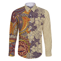 Polynesia Family Matching Long Sleeve Bodycon Dress and Hawaiian Shirt Hibiscus and Hawaiian Tribal Tattoo Retro Style Tan Color LT9 Dad's Shirt - Long Sleeve Tan - Polynesian Pride