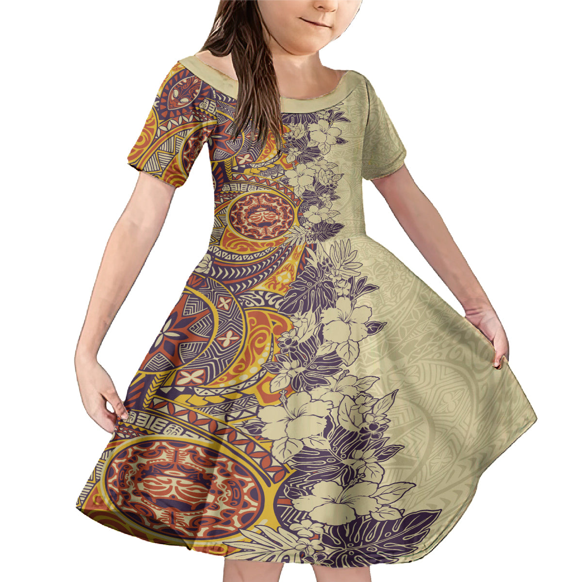 Polynesia Family Matching Mermaid Dress and Hawaiian Shirt Hibiscus and Hawaiian Tribal Tattoo Retro Style Tan Color LT9 Daughter's Dress Tan - Polynesian Pride