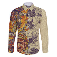 Polynesia Family Matching Puletasi Dress and Hawaiian Shirt Hibiscus and Hawaiian Tribal Tattoo Retro Style Tan Color LT9 Dad's Shirt - Long Sleeve Tan - Polynesian Pride