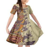 Polynesia Family Matching Tank Maxi Dress and Hawaiian Shirt Hibiscus and Hawaiian Tribal Tattoo Retro Style Tan Color LT9 Daughter's Dress Tan - Polynesian Pride