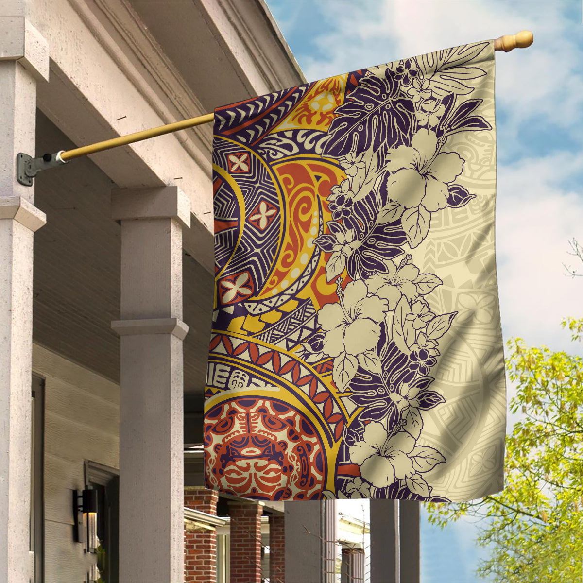 Polynesia Garden Flag Hibiscus and Hawaiian Tribal Tattoo Retro Style Tan Color LT9 House Flag Tan - Polynesian Pride