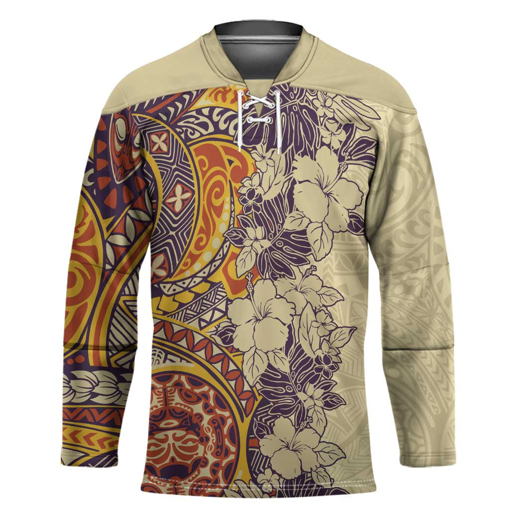 Polynesia Hockey Jersey Hibiscus Hawaiian Tribal Tattoo Retro Tan - Polynesian Pride