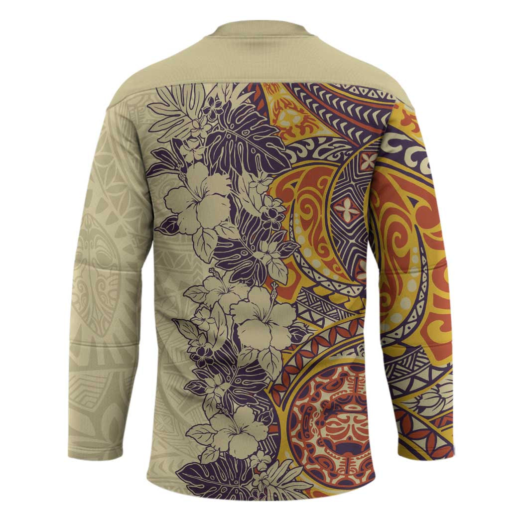 Polynesia Hockey Jersey Hibiscus Hawaiian Tribal Tattoo Retro Tan - Polynesian Pride