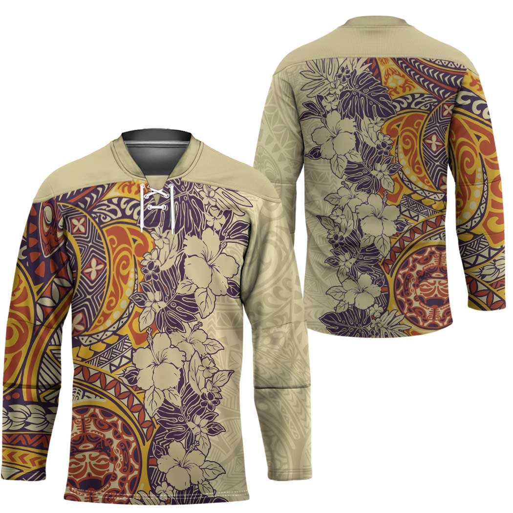 Polynesia Hockey Jersey Hibiscus Hawaiian Tribal Tattoo Retro Tan - Polynesian Pride