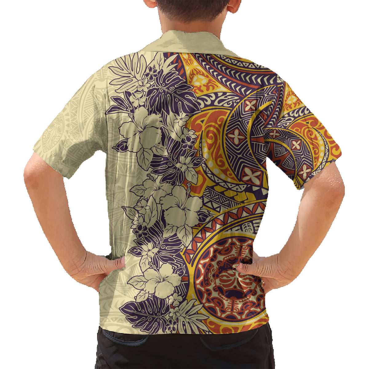 Polynesia Kid Hawaiian Shirt Hibiscus and Hawaiian Tribal Tattoo Retro Style Tan Color LT9 - Polynesian Pride
