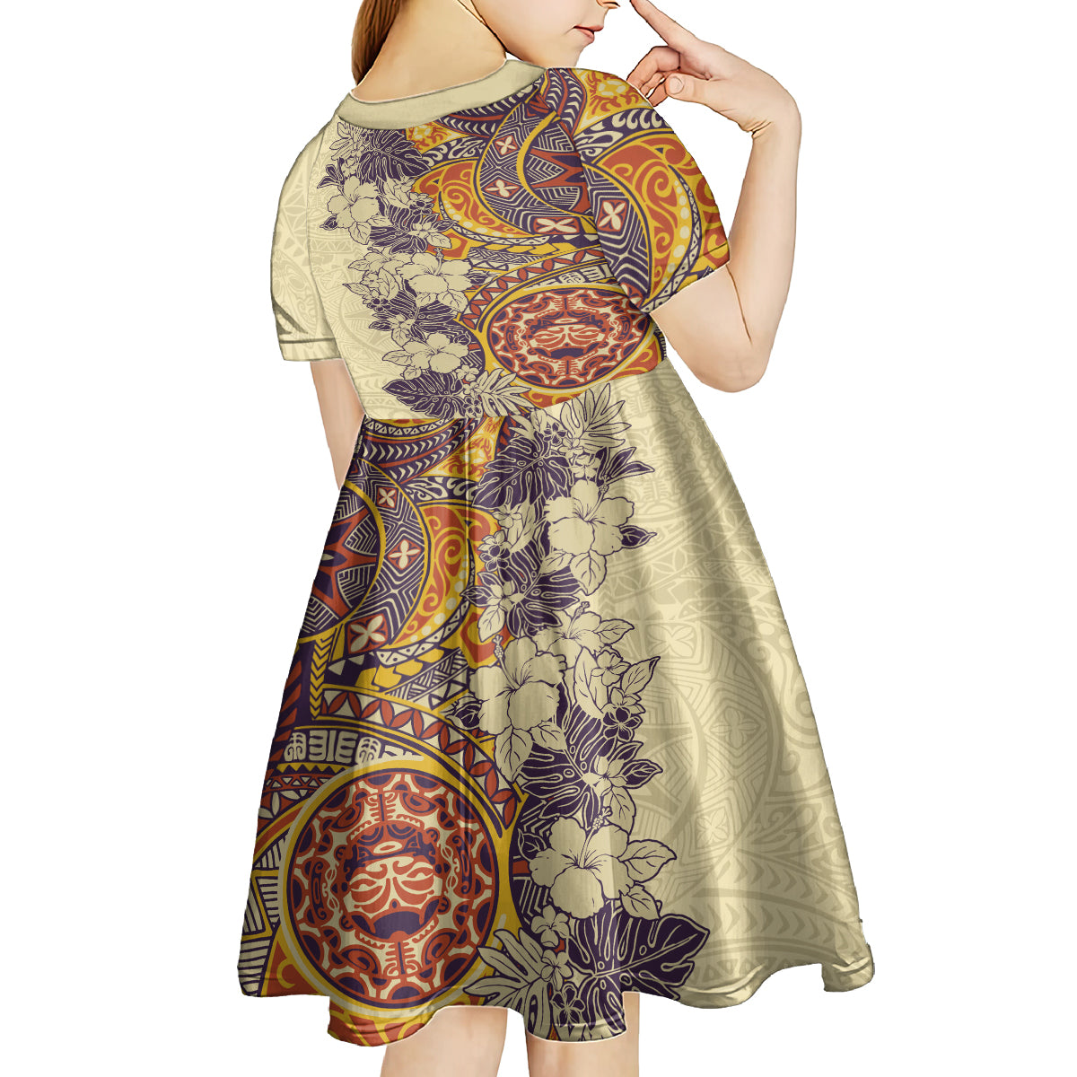 Polynesia Kid Short Sleeve Dress Hibiscus and Hawaiian Tribal Tattoo Retro Style Tan Color LT9 - Polynesian Pride