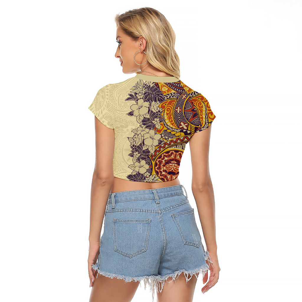 Polynesia Raglan Cropped T Shirt Hibiscus and Hawaiian Tribal Tattoo Retro Style Tan Color LT9 - Polynesian Pride
